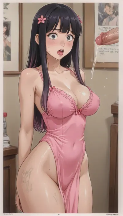 ((Thick outline:1.4), ((Cartoon Style:1.5)), ((Hentai)), lineart, line, art), (she is in shock of the giant cock), (the mans cock is very thick and veiny dripping pre cum), (she has an overly shocked look on her face), (Alinna Rosee social media goddess), ((extra large breast's with a narrow slim waist)), (((wide hips and thick thighs))), ((wide hips)), ((thick thighs)), ((beautiful curves on her hips and thighs)), (she has a large bubble butt), (she is wearing sexy lingerie), ((facing the viewer)), her room is pink and cute with hentai posters, ((she has long dark black extremely straight smooth hair elegant with pretty bangs)), ((dyed dark jet black hair)), (deep black hair), (puffy perky lips), extremely cute face, (she has oiled skin), detailed and infocus face, extreme details, (((extremely large cumshot))), ((she has a shocked expression with her mouth wide open with her tongue out)), (((oily skin))), ((woman 40 years)), sweat bands, fake eye lashes, dark eye make up, mouth open, lineart, line, art, flat, colors, color, kousaka, kirino, gokou, ruri, izumi, sagiri, himemori, luna, sakura, miko, tsunomaki, watame, <lora:cartoon_stickers_xl_v1:.7>, <lora:NEOTOKIOXL_0.2_RC:.5>, <lora:outline_xl_kohaku_delta_spv5x:1>, <lora:Kanzaki Hiro_XL:1.8>, <lora:EnvyBeautyXL02:.8>