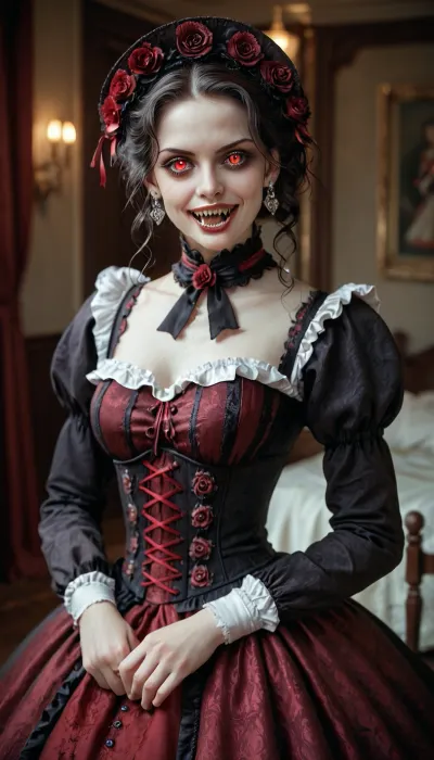 Victorian vampire, red eyes, long fangs, dark hair, Victorian dress with neckline and corset