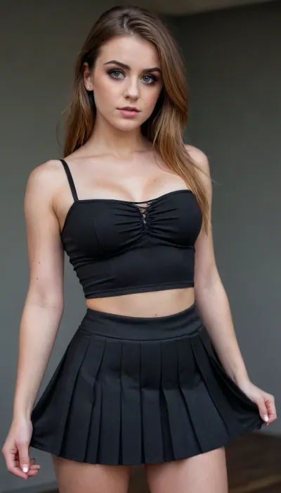 Full body view of an athletic 20 year old irish gurl, she has extreme dark hazel eyes, wearing lots of black eye makeup with sharp black points at the corner of her eyes, big tits, cleavage, pleated mini skirt and tube top