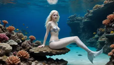 Absolutely albino just 18-year-old 3-feet-height mermaid, slightly smiling, in a transparent silver scaley bra, legless, with a sturgeon tail, diving serenely full-length deeply in a clear blue sea among corals and fishes Absolutely albino just 18-year-old 3-feet-height mermaid, slightly smiling, in a transparent silver scaley bra, legless, with a sturgeon tail, diving serenely full-length deeply in a clear blue sea among corals and fishes