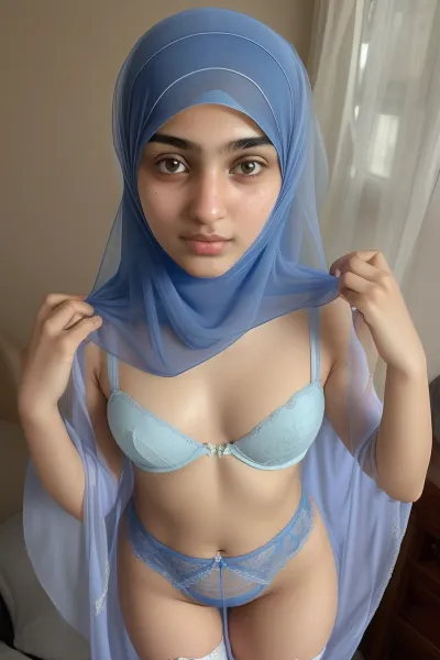 fine facial features, very beautiful, sweet, modest, thin Muslim girl, Muslim girl 18 years old, standing in the bedroom, the Muslim woman is wearing blue thongs, a bra, stockings, a stocking hanger, on her head is a blue Muslim transparent headscarf
