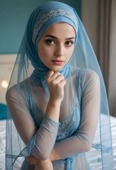Delicate facial features, very beautiful, cute, modest, thin Muslim woman, Muslim woman 18 years old, standing in the bedroom, Muslim woman in blue thong, in transparent vulno nightgown, stockings, stockings fastening, on her head a blue Muslim transparent headscarf, delicate facial features, on her face a transparent veil, transparent veil on her face, face covered with a transparent veil, kneeling in the room, hijab