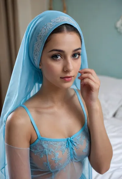 Delicate facial features, very beautiful, cute, modest, thin Muslim woman, Muslim woman 18 years old, standing in the bedroom, Muslim woman in blue thong, in transparent vulno nightgown, stockings, stockings fastening, on her head a blue Muslim transparent headscarf, delicate facial features, on her face a transparent veil, transparent veil on her face, face covered with a transparent veil, kneeling in the room, hijab, girl kneels in front of male member and sucks, girl sucks member with mouth
