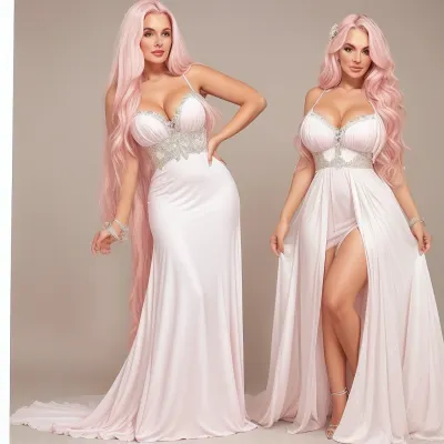 Pretty woman long pink hair medium breasts large ass, long white dress