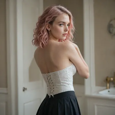 Pretty woman long pink hair medium breasts large ass, white corset, black skirt
