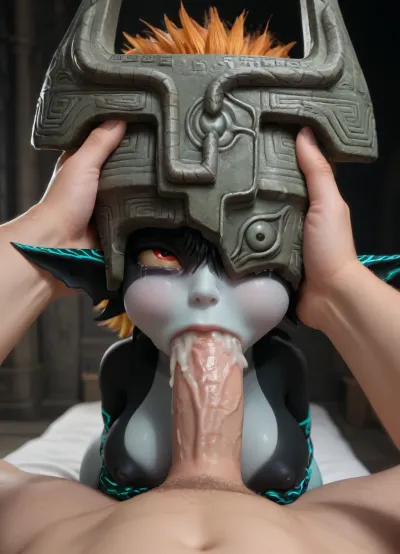 (Anime Imp midna), mask, black and grey skin, shortstack, big round breasts, breast expansion, big round ass, naked, deepthroating a 10 inch penis, ballsdeep, deepthroat, midna is grabbing male waist, male is grabbing midnas head, grabbing head with both hands, dark room, dark castle bedroom backround, on a bed, (ahegao face, orgasm face, eyes rolling back, hollow cheeks, crying), cum dripping out of nose, cum dripping out of mouth, cum exploding out of mouth, artist_name, <lora:illustrious_styles_v3_vpred:.8>, blowjob, <lora:SorasBlowjobs:.8>
