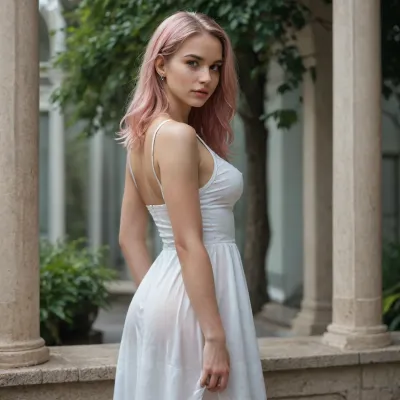 Pretty woman, long pink hair, medium breasts, large ass, long white sundress