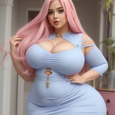 Pretty curvy woman, long pink hair, medium breasts, large ass, blue bodycon dress