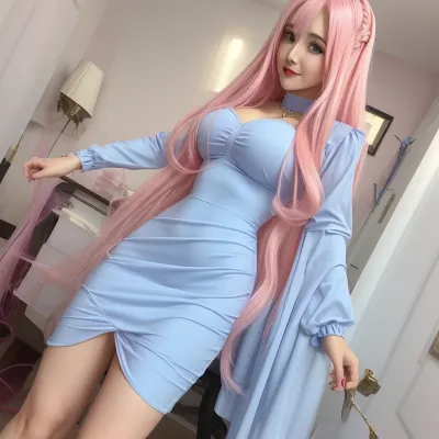 Pretty woman, long pink hair, medium breasts, large ass, blue bodycon dress