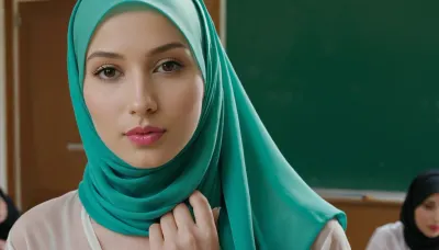in a classroom with a lot of panties on the fkoor, Beautiful hijab lady, wearing a turquoise-colored hijab, very pretty, makeup, pink lipstick, pale skin, medium slim body, small saggy tits, asian, fully naked, standing tall, pussy view, (focus pussy), (super close up view pussy), (no face), scarf, jerseyseries, silkseries, parisseries, <lora:hijab-style:.8>