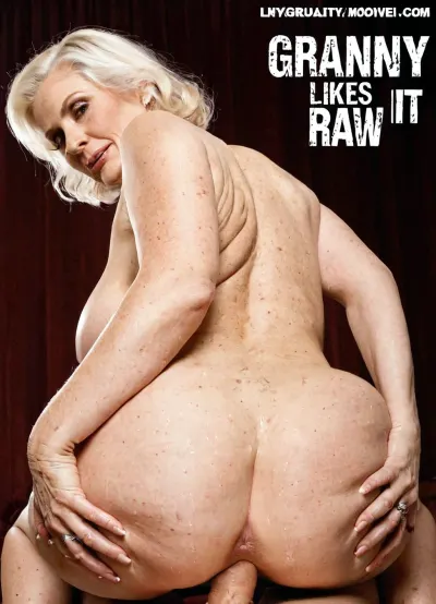 Very big breasts lonely granny, "GRANNY LIKES IT RAW" movie title, retro porn movie cover, gilf style, movie cover layout, movie cover style High quality photo, back