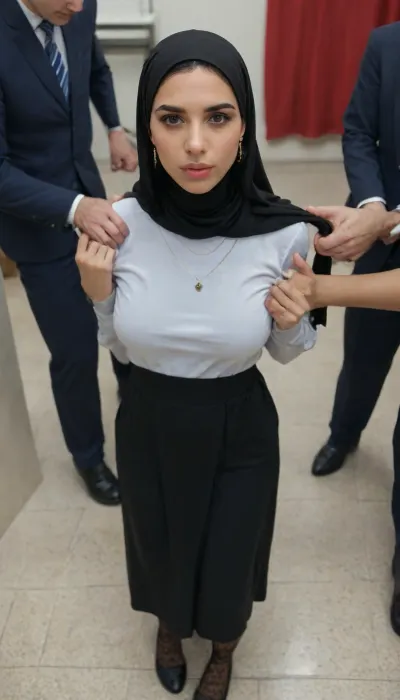 ultra detailed, realism, from above, submissive short, solo_focus, stands, legs, feets, arched back, 25 yo short, perfect natural round heavy big breast, chocker, dynamic pose, black patterned stockings, marocan girl, school interior, hijab dress, flirts, acts like a whore, huge mans standing near her, groping her, between two mans, massive dicks, masturbates, horny mans, impatient mans, hands touch grab pull tug, hair pull, burqa, style, <lora:TG_Body_XL:.5>, <lora:burqa burka style v1:.5>