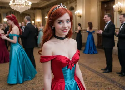 1 woman, 18 years old, (Ariel), (The Little Mermaid), (Disney), white skin, smiling face, adorable, blue eyes, bright-red hair, (long hair), bangs, freckles, skinny, small waist, (small breasts), ((off the shoulder ball gown)), floor length skirt, thick black satin choker, castle ballroom, decorations, party, standing, <lora:ahxl_v1:.8>