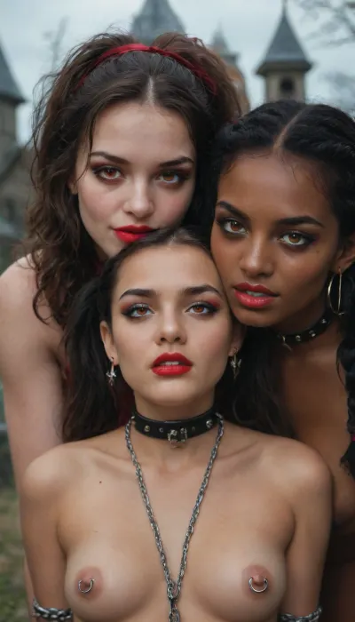(((two 18 year old African American vampire girls))), black skin, neck bitting, midevil, glowing red eyes, black eyeshadow, sad face, closed mouth, one with black hair with rainbow hair, ponytails, red lipstick, blood dripping out of the corners of the mouth, vampire, vampire teeth, in a dark graveyard, bound in chains, nipple rings, earrings, collar, perfect tiny breasts, Subspecies, style, EdobVampWoman, <lora:Subspecies style:.8>, <lora:EdobVampWoman_XL_v1.0:.8>