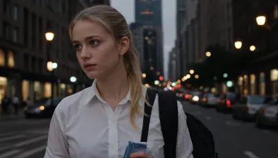 Draw a modest 1st year student who came from the countryside to a big city. She has blonde hair pulled back in a neat ponytail and large blue eyes that express a mixture of curiosity and mild confusion. She is dressed in a simple white shirt and a dark skirt, which highlights her modest style. She has a small backpack slung over her shoulder and a battered notebook in her hands. The background is a busy street in a big city with tall buildings and bright lights that contrast with its simplicity.