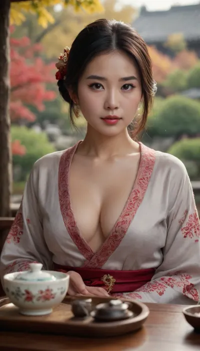 8k, best quality, (masterpiece), (intricate details), perfect eyes, perfect face, perfect lighting, beautiful, high detail, octane render, detailed eyes, facing the camera, (gorgeous asian woman oversees a tea ceremony, traditional chinese dress, unbuttoned, breasts exposed), autumn garden, bokeh