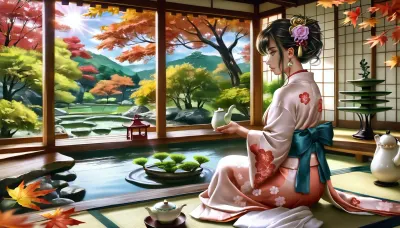 Hentai image in the style of Logan Cure, (best quality, masterpiece:1.2), (photorealism:1.3), traditional Japanese art, beautiful calm Japanese woman, (sitting on tatami:1.1), profile, from behind, full height, dressed in an exquisite, (light kimono with a floral pattern:1.2), with a detailed design, (traditional Japanese hairstyle:1.1), (holding a teapot:1.4), performing a tea ceremony, (looking at a lush autumn Japanese garden:1.4), (Zen garden with a pond and stones:1.2), (autumn maples and other trees), intricate stone lanterns, (yellow and red foliage:1.1), (green bonsai:1.3), soft natural light, warm sunlight, (sunlight filtering through trees:1.1), spotted light, shallow depth of field, sharp focus on the woman and foreground, blurred background, bokeh, peaceful atmosphere, tranquility, tea ceremony set, traditional Japanese interior, shoji screens, wooden frames, morning light, golden hour, cultural, serene, high detail, complex textures, (profile view:1.2)