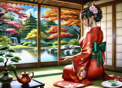 Hentai image in the style of Logan Cure, (best quality, masterpiece:1.2), (photorealism:1.3), traditional Japanese art, beautiful calm Japanese woman, (sitting on tatami:1.1), profile, from behind, full height, dressed in an exquisite, (light kimono with a floral pattern:1.2), with a detailed design, (traditional Japanese hairstyle:1.1), (holding a teapot:1.4), performing a tea ceremony, (looking at a lush autumn Japanese garden:1.4), (Zen garden with a pond and stones:1.2), (autumn maples and other trees), intricate stone lanterns, (yellow and red foliage:1.1), (green bonsai:1.3), soft natural light, warm sunlight, (sunlight filtering through trees:1.1), spotted light, shallow depth of field, sharp focus on the woman and foreground, blurred background, bokeh, peaceful atmosphere, tranquility, tea ceremony set, traditional Japanese interior, shoji screens, wooden frames, morning light, golden hour, cultural, serene, high detail, complex textures, (profile view:1.2)