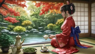Hentai image in the style of Logan Cure, (best quality, masterpiece:1.2), (photorealism:1.3), traditional Japanese art, beautiful calm Japanese woman, (sitting on tatami:1.1), profile, from behind, full height, dressed in an exquisite, (light kimono with a floral pattern:1.2), with a detailed design, (traditional Japanese hairstyle:1.1), (holding a teapot:1.4), performing a tea ceremony, (looking at a lush autumn Japanese garden:1.4), (Zen garden with a pond and stones:1.2), (autumn maples and other trees), intricate stone lanterns, (yellow and red foliage:1.1), (green bonsai:1.3), soft natural light, warm sunlight, (sunlight filtering through trees:1.1), spotted light, shallow depth of field, sharp focus on the woman and foreground, blurred background, bokeh, peaceful atmosphere, tranquility, tea ceremony set, traditional Japanese interior, shoji screens, wooden frames, morning light, golden hour, cultural, serene, high detail, complex textures, (profile view:1.2)