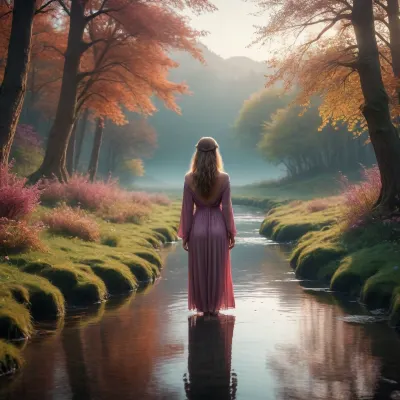 Imaginative natural landscape, beautiful colors, mythical creatures. Gentle atmosphere, dreamy women.