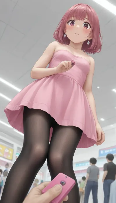 Look a viewer, view from below, from below, frown, knees together feet apart, hands covered crotch, embarassed, Black pantyhose, standing, in mall, (Comfyui with controlnet), Model, pink remote controller, control, holding, pov, shocked, nonplussed, strapless, tube, dress, bodycon, <lora:crowd_notrigger:.8>, <lora:remocon_SDXL_V2:.8>, <lora:shocked:.8>, <lora:Plain_tube_dress:.8>, <lora:Spider-Gwen:.8>