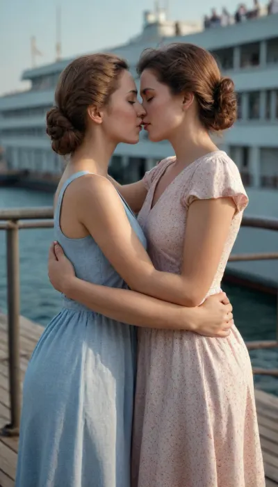 two women 30 years, the USSR times, in summer dresses, on deck paraod, embrace and kiss, lesbian, (photo 4K high expansion, good quality)