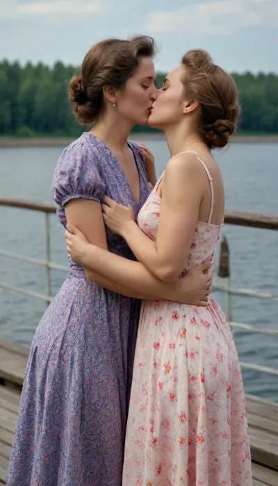 two women 30 years, the USSR times, in summer dresses, makeup, on deck paraod, embrace and kiss, lesbian, (photo 4K high expansion, good quality)
