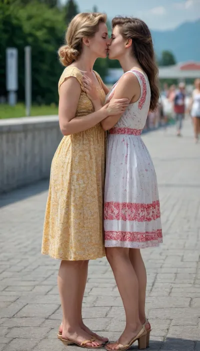 two women 30 years, the USSR times, in summer dresses, resort in Sochi, embrace and kiss, lesbian, (photo 4K high expansion, good quality)