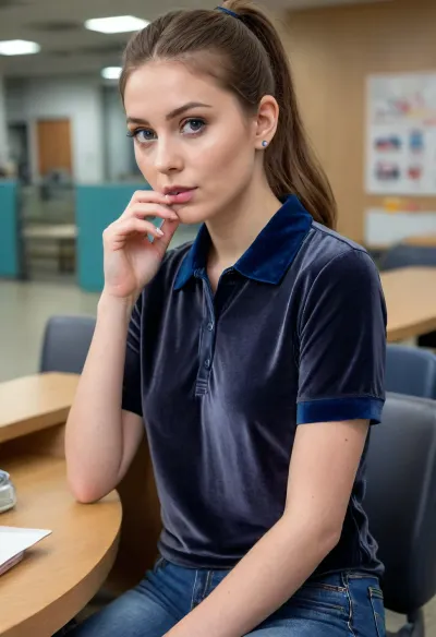 (masterpiece, best quality:1.2), 1 czech 30yo woman, natural beauty, (she wears a dark gray baggy velvet polo shirt, blue jeans, sneekers:1.4), indoors in a supermarket, (long raven high ponytail hair:1.2), impure skin on the face, without make-up, bright blue eyes, natural saggy boobs, earrings, (she sits in a break room and smokes with colleagues:1.4), photorealism, <lora:681678_training_data:.5>