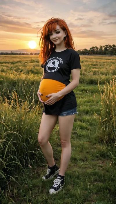 score_9, score_8_up, score_7_up, score_6_up, photo, grainy, amateur, lowres, 2000s nostalgia, webcam photo, 1 young emo ginger haircut woman, perfect eyes, very voluminous hair, 1 girl, small breasts, face focus, perfect hands, sggirl, emo, pale, cold, lighting, DEN_emily_bloomMK2, (love and happy expression), standing, pregnant, wearing casual clothes with gumshoes and black t-shirt, photographic, high quality, (in a field:1.4), (tall grass:1.4), (sunrise:1.4), detailxl, <lora:SG_emo_girl_SDXL:.7>