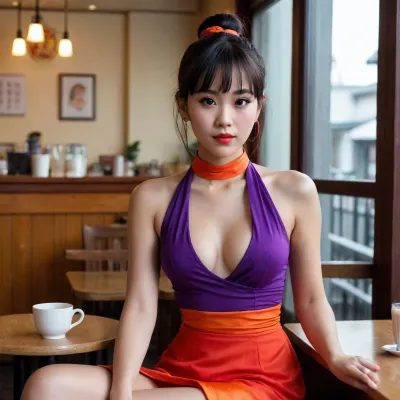 pretty Anorexic Chinese woman with pretty medium breasts, in a cafe, chi-chi, black, hair, bun, bangs, sidelocks, eyes, chinese, clothes, purple, dress, earrings, red, bracelets, orange, neckerchief, <lora:Chi_Chi_Diffusion_SD_XL-05:.8>, open legs, no underwear, red lipstick, no bra