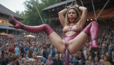 8K UHD, realistic masterpiece, (maximum quality), (maximum details), maximum realism, score 9, score 8 up, score 7 up, mature, blonde, blue eyes, (on stage, music concert:1.1), (crotchless bodysuit, purple, pink, multicolored, translucent, shiny, high heel boots:1.1), (Purple dildo, anal), (bondage, suspended, shackles, chains:1.4), wet skin, realistic nipples, realistic vagina, fingering pussy, light show, band, instruments, raver girl, festival, glitter, 2017, 2012, party costume, (Endless_Up_SDXL_Neg:1.4), (ImgFixerPre0.3:1.1), fluxenh4nce, <lora:FLUXEnh4nce:1.7>, <lora:Creat0r_MagicDetailzV2_FIX:1.2>, ballgag, <lora:ballgag:.8>