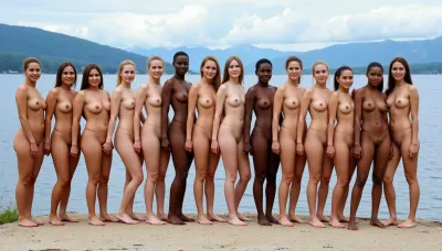 (((((((line of 22 women of different ethnicities and different cultures:2))))))), Scenic lake and mountains in the background. Many contrasting skin colors and tones. There are 22 skinny women standing shoulder to shoulder. They have their hands holding eachothers hands., (((no males))), All nude., (((2 indian woman with brown skin))), (3 black women with dark dark black black skin with straight hair), ((2 latina woman with dark brown skin)), (1 european woman with pale skin and red hair), ((2 chinese women with dark brown skin)), (((2cambodian women with very dark brown skin))), (((2 native american woman with brown brown skin))), (3 white women), (1 european woman with with pale skin and blonde hair), ((2 brown skinned middle eastern woman)), holding hands and facing the camera, all are standing square to the camera and shoulder to shoulder with eachother while holding eachothers hands, looking at the camera, and they are naked, (((no men))), <lora:flux_cultures_age_v308:2>