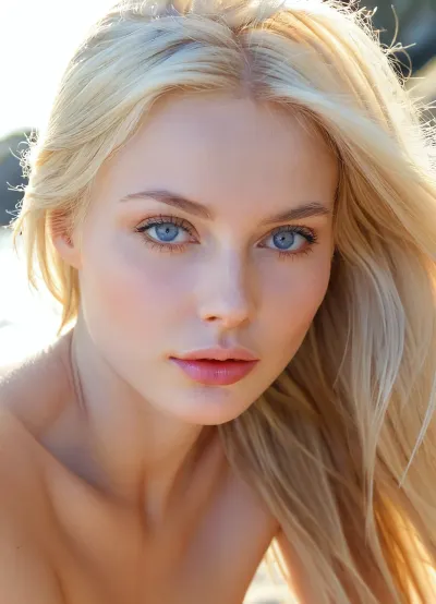 macro shot, close-up on face, 18 year old beauty, finnish supermodel, (skinny:1.1), extremely pretty, extremely beautiful, (extremely innocent), instagram model, blonde, high cheekbones, narrow chin, beautiful blue eyes, ultra smooth skin, flawless skin, semi-glossy skin, (pale ivory skintone:1), smooth silky long hair, NO makeup, ultimate realism, pink pussy, She should have a natural, sad and charming expression, illuminated by soft golden sunlight., the color scheme of which corresponds to the background, which should have a picturesque outdoor setting, perhaps a sun-drenched beach. Take a high-resolution photo using an 85mm lens to get an attractive angle, depth of field, soft front light, HDR, (muted colors:1.2), Canon RF 100mm F2.8L Macro IS USM, <lora:SDXL_BetterFaces-LoRA_v1:.8>