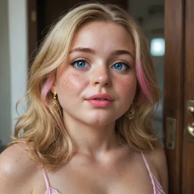 (Lisa is outside a large glass door and wants to come in), ((girl Lisa, 20 year old, Swedish origin, (short, chubby, dwarf body), clear bright blue eyes, (small cute round adorable beautiful face, small puckered lips, bright pink lipstick), many freckles on cheeks and torso, (golden-blonde hair with shiny white highlights, thin light eyebrows), (large round firm perky E-cup breasts), short blonde pubic hair, (wide hips, thick thighs))), wide view, large scene, bokeh, shallow focus, 30mm lens, Kodak, HDR, saturated colors