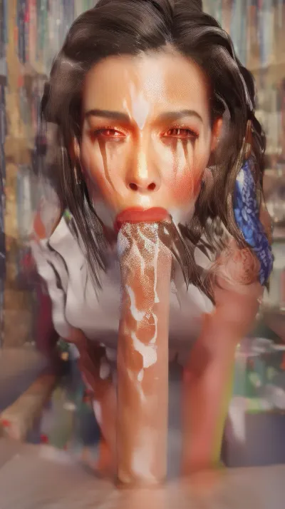 (4K, hyper-realistic, masterpiece, saturated colors, hyper-detailed faces and eyes, best quality, ultra-detailed, finely detail, photorealistic, perfect illumination, best shadow, best shot, soft lighting, high quality, high resolution, professional photography, photorealism), Librarian in the library, she is an experienced mature slut, she has huge tits with juices sticking out, she sucked a dick, she gave a blowjob, there is cum on her face, there is cum in her mouth, there is cum on her hair, cum is dripping from her face, There are many books on the bookshelves in the library, cum dripping from mouth, sperm, blowjob, <lora:PovBlowjob-v3:2>
