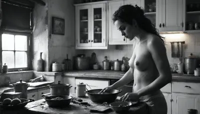 18 century, the young 18-year-old nude son exposes his erection to his stepmother. She is working in the kitchen, she is excited as she realize his erection, FRESHIDEAS, Real, Photography, 2#, Black, and, white, art, black, shading, charcoal, toned, brutal, dark, b/w, color, scheme, <lora:FRESHIDEAS Real Photography 2#:.6>, <lora:Black and white art.V1:.1>, <lora:MJ52:.4>, <lora:add-detail-xl:.9>