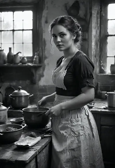18 century, the young 18-year-old cook is working in the kitchen, she is sweaty, worn out, but slowly lifts her dirty apron and long skirt, joyful anticipation, looking to the viewer, FRESHIDEAS, Real, Photography, 2#, Black, and, white, art, black, shading, charcoal, toned, brutal, dark, b/w, color, scheme, <lora:FRESHIDEAS Real Photography 2#:.6>, <lora:Black and white art.V1:.1>, <lora:MJ52:.4>, <lora:add-detail-xl:.9>