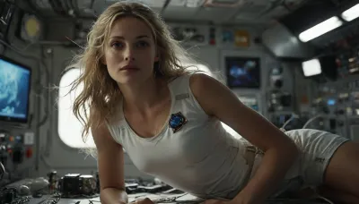 full body view of Diana in weightlessness, Diana is a female 29 years old Astronaut works on ISS space station, Diana has a perfect face, silent smile, concentrated, a slender and athletic body, blonde long hair, Blue eyes, small breasts, (flat-chested:1.2), (Diana wears a tight white shirt with astronaut badge, belly-free and a white string thong1.4), (cameltoe:1), (Dianas body floats weightlessly horizontal in supine position one meter above the ground:1.5), (((levitation:1.5))), (((Dianas works in control room:1.6))), ((floating in zero gravity:1.4)), (((weightlessness:1.4))), highly detailed futuristic huge control room on spaceship, control desk, buttons, Lever, air lock LED lamps, low light, different screens, futuristic technic, (supernova in space outside rounded window:1.3), cinematic, photorealistic, (masterpiece, detailed), Professional photo, hyper-realistic, ultra-high quality, insanely detailed. high resolution, masterpiece, best quality, UHD 8K, extreme realism, maximum detail, hyper realistic, ultra realistic, FRESHIDEAS, Real, Photography, 2#, Black, and, white, art, black, shading, charcoal, toned, b/w, color, scheme, <lora:levitate-PNY-SDXL-SD15-Panache:.8>, <lora:MJ52:.8>, <lora:FRESHIDEAS Real Photography 2#:.6>, <lora:Black and white art.V1:.2>