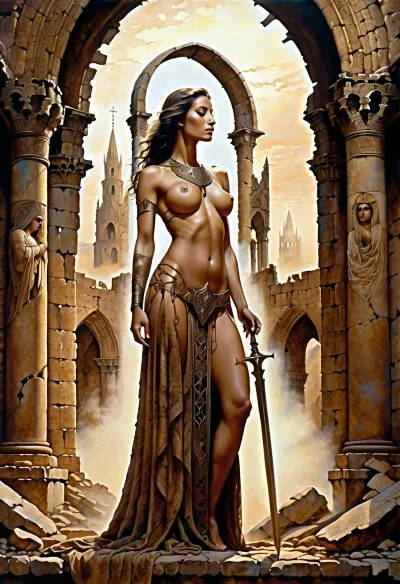 Sepia-toned ink painting, a nude regal female Divine Oracle Warpriest stands in a ruined cathedral, her nude body is battle-worn yet sensual form. Intricate sacred tattoos glow faintly on her exposed arms and collarbone as she clutches a spear wrapped in prayer scrolls. The crumbling stone arches and stained-glass ruins behind her dissolve into inkwashed mist, evoking the style of Zdzisław Beksiński’s fragmented surrealism and John Howe’s gothic grandeur. The composition feels ancient and prophetic, with smudged ink textures and deep shadows emphasizing her divine authority and mystery.