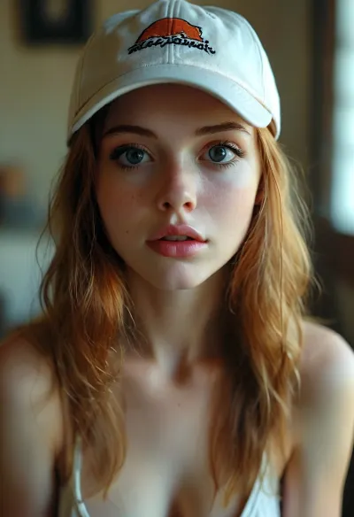 ((the whole girl visible in the frame)), ultra realistic smart incredibly beautiful seductive face, pretty young escort woman, super model, 18 years old, (very slim, anorexic figure), totally nude, long very nice legs, narrow waist, looks directly at the viewer, ((baseball cap backwards, showing shaved pussy)), (long legs, perfect legs, sensual Seductive, big eyes, beautiful eyes:1.2), back view, long ginger hair, (seduce, sexy, wants to fuck:1.1), (white skin. smile:1.1), ((showing big breasts with protruding swollen puffy areolas and puffy nipples 1:1)), HDR photo, best quality, ultra-detailed, masterpiece, finely detail, highres, photorealistic, perfect illumination, best shadow, best shot, ((engaging view)), full scene picture, soft lighting, bhands, perfect fingers, little hands, (5/6th body:1.5), the woman is looking with amazement at viewer, (looking up), detailxl, perfecteyes, <lora:MJ52:.5>, <lora:lora-sdxl-perfect-eyes:.5>, <lora:style_lora_realis:.7>