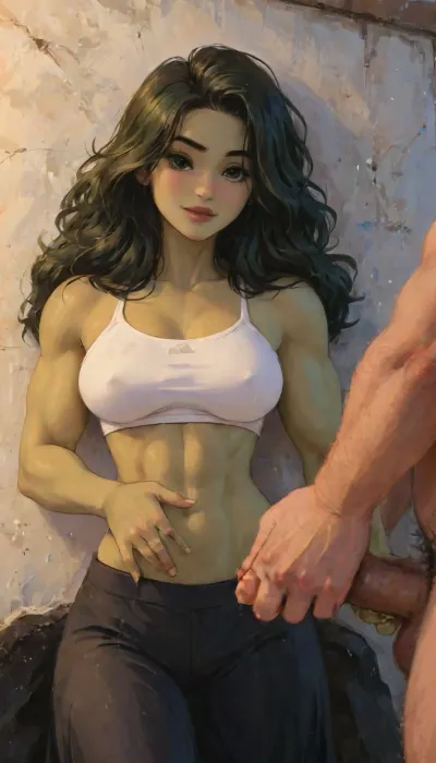 Photorealistic extremely lifelike image of a breathtaking high-fantasy sexy she-hulk female rogue-warrior standing in a torch-lit stone dungeon chamber hidden bedroom with her large athletic lovers. She is a beautiful fitness supermodel woman with light-green skin and a hourglass toned thin athletic skinny slim physique. She has a heart-shaped face with soft feminine features, large almond-shaped bright-green eyes, a narrow rounded nose, and full lips curved in a confident smirk. Her long, straight curly dark brown hair with blonde-highlights flows past her shoulders, slightly tousled from battle.She wears a revealing, sexy rogue intricate outfit made of black leather and crimson fabric—an enchanted Solid Cami Crop Top & Split Thigh Long Skirt Set-style top with cutouts that expose defined abs, and high-slit armored thigh straps that leave most of her strong thick thighs bare. A pair of fingerless gloves and knee-high leather boots complete the look. Her toned arms and sculpted legs show off her physical strength and agility. She has a curved dagger at her side and a glowing arcane "SUN" sigil tattooed on her hip.Her expression is confident and sultry, standing with one hand on her hip, the other resting on her weapon. The background is a fantasy dungeon with stone walls, glowing runes, and faint magical mist. The lighting is warm and dramatic, casting shadows that accentuate her curves and muscle tone, high detail, cinematic lighting, fantasy realism, intricate costume design, 8K, full-body character portrait, RPG character art, sexy fantasy aesthetic, perfect anatomy, best quality, 8k, insane details, intricate details, hyperdetailed, hyper quality, ultra detailed, professional, HDR, ray tracing reflection, highlydetailedbody, realisticface, highlydetailedhair, insanelydetailed, 8K.highdetailedskin, highresolution, perfectfingers, (j_cartoon:1.5), Drawing, green skin, fit, strong, muscular, big, ohwx, woman, She-Hulk, she-hulk, jennifer, walters, uberfit, athletic, <lora:SHEHULK_SDXL-000005:.8>, <lora:uberfit_lora_sdxl:.2>, <lora:samdoesarts1.1-000030:.4>, <lora:J_cartoon:.3>, <lora:Animated_Concept:.4>