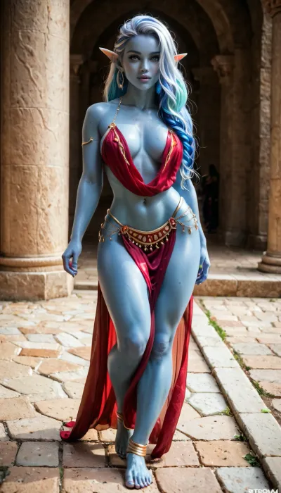 gorgeous stormElf queen, deep blue color skin, skin is blue, blue skin tone, stormElf blue skin, built of a dancer, dressed in pelvic curtain, long flowing silver and blue striped hair, walking, strom, elf, 3nch4nt3d, f0r3st, <lora:PAseer-SDXL-StormElf:2>, <lora:Fantasy_Races_XL:1>, <lora:3nch4nt3d_f0r3st:1.8>