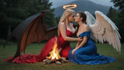 brunette demon girl with small red horns and red bat-like wings in red dress sitting on grass, blonde angel girl with massive white dove wings in blue dress behind her, long blue silk dress, (braid), lesbians, m size boobs, exposed breast, 6ft tall, kiss, (massive wings), (red pointy tail), (fire horns), (tiny minions around), campfire, halo, (burning witch), (night), (fisting), saint, evil