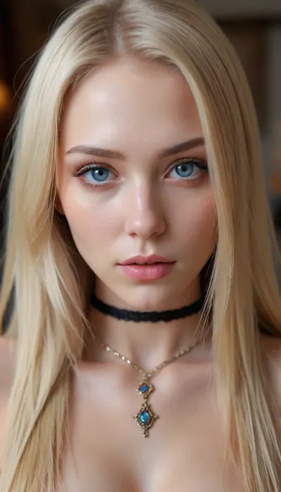 (extremely hot and sexy:1.7), 25yo woman., (whole naked body in shot), toned and average-height, fair skin and blue eyes, and, ((very long:1.5), blonde hair:1.5), (in a face-framing haircut:1.5), . wearing a slave collar, style is boho., <lora:detailed_notrigger:1.5>