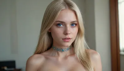 (extremely hot and sexy:1.7), 25yo woman., ((whole naked body in shot)), toned and average-height, fair skin and blue eyes, and, ((very long:1.5), blonde hair:1.5), (in a face-framing haircut:1.5), . wearing a slave collar, style is boho., <lora:detailed_notrigger:1.5>
