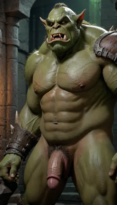 World of Warcraft, 3 giant green man orc from standing in the dungeon, erect, erection, submissive, pleading, penis, <lora:xpenis-1.5e:.1>