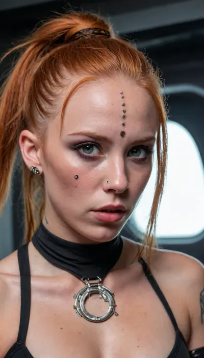 female, 25 years old, long ginger hair, messy hairstyle, green eyes, freckles, extremely beautiful, angry, (muscular:1.4), small muscular breasts, (chiseled pecs:1.1), eye contact, cyber punk, in space, dark starship, uggly window, high detailed, close to face, portrait, nose ring, nose piercing, (septum ring:1.5), fully dressed in carbon combat gear, From below, <lora:Sweaty_Realism_4-000006:.8>