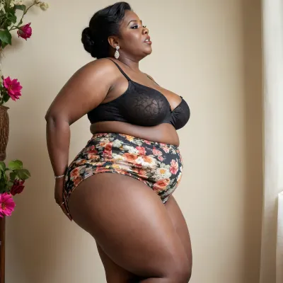 a fat, short bbw, busty 65 year old very black women, plump, BIG wide ass, from the side, thick thighs, very huge breasts. narrow waist, flowery, micro skirt