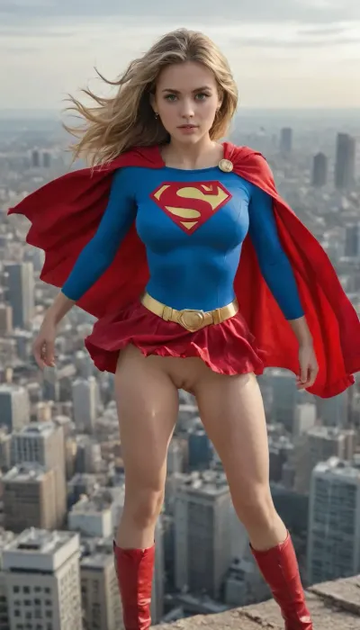 Supergirl, young adult and powerful superheroine, athletic yet feminine build, large bimbo breasts, shaved pussy, long blonde hair, piercing blue eyes, confident and determined expression. Wearing iconic Supergirl costume, blue fitted top with bold red and yellow 'S' emblem, red skirt, red cape billowing in the wind, red boots, golden belt, (torn and ripped suit), . Dynamic heroic pose, flying above a city skyline, bright sky and sunlight, cinematic, highly detailed, comic book style realism, epic atmosphere.